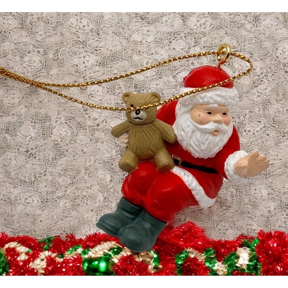 Vintage Sitting Santa Claus Christmas Tree Ornament Holding Teddy Bear